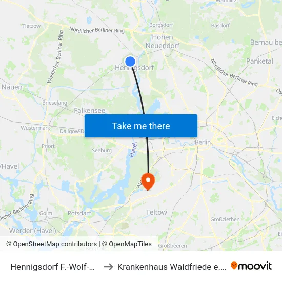 Hennigsdorf F.-Wolf-Str. to Krankenhaus Waldfriede e. V. map