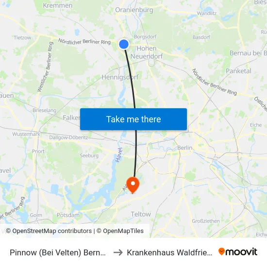 Pinnow (Bei Velten) Bernsteinsee to Krankenhaus Waldfriede e. V. map
