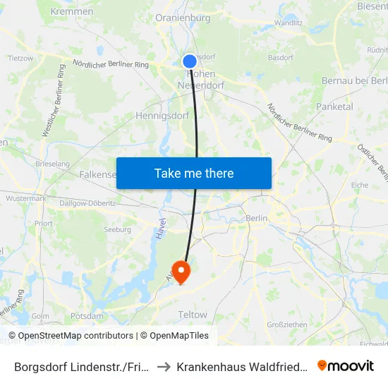 Borgsdorf Lindenstr./Friedhof to Krankenhaus Waldfriede e. V. map