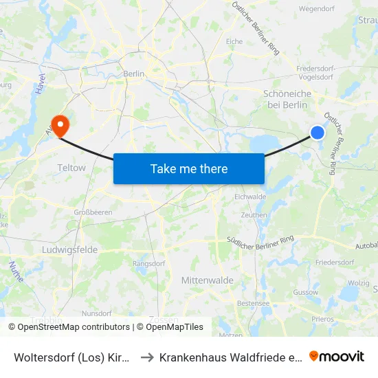 Woltersdorf (Los) Kirche to Krankenhaus Waldfriede e. V. map
