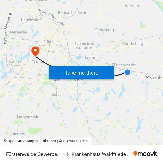 Fürstenwalde Gewerbe Ost to Krankenhaus Waldfriede e. V. map