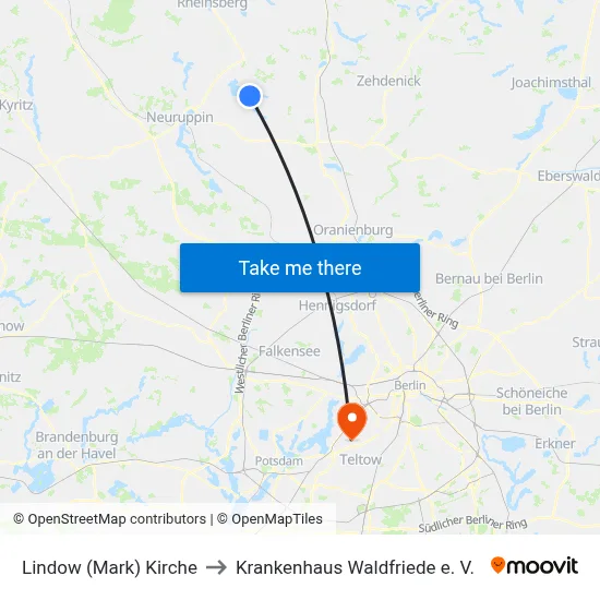 Lindow (Mark) Kirche to Krankenhaus Waldfriede e. V. map