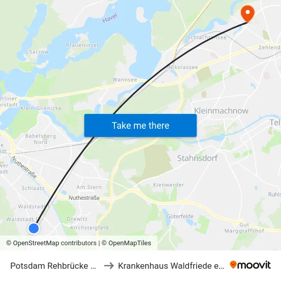 Potsdam Rehbrücke Bhf to Krankenhaus Waldfriede e. V. map