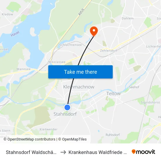 Stahnsdorf Waldschänke to Krankenhaus Waldfriede e. V. map