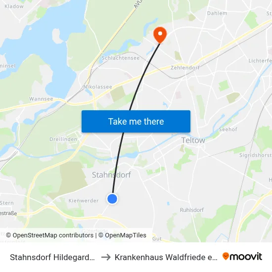 Stahnsdorf Hildegardstr. to Krankenhaus Waldfriede e. V. map
