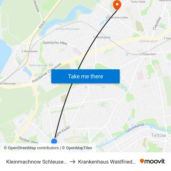 Kleinmachnow Schleusenweg to Krankenhaus Waldfriede e. V. map