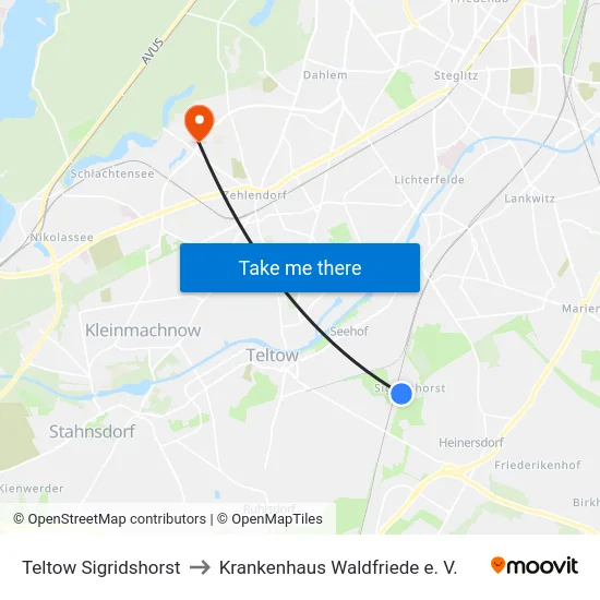 Teltow Sigridshorst to Krankenhaus Waldfriede e. V. map
