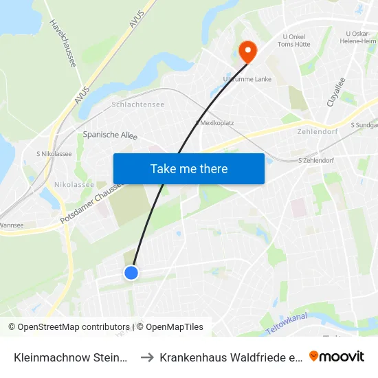 Kleinmachnow Steinweg to Krankenhaus Waldfriede e. V. map