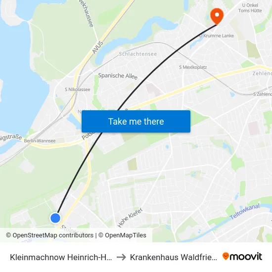 Kleinmachnow Heinrich-Hertz-Str. to Krankenhaus Waldfriede e. V. map