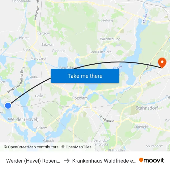 Werder (Havel) Rosenstr. to Krankenhaus Waldfriede e. V. map