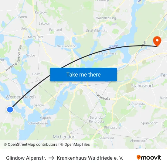 Glindow Alpenstr. to Krankenhaus Waldfriede e. V. map