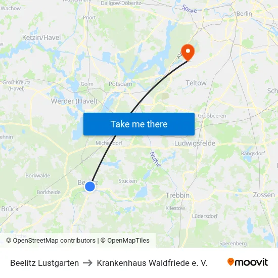 Beelitz Lustgarten to Krankenhaus Waldfriede e. V. map