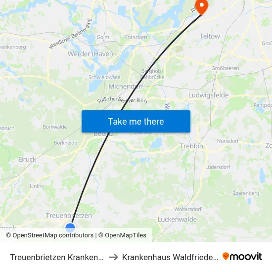 Treuenbrietzen Krankenhaus to Krankenhaus Waldfriede e. V. map