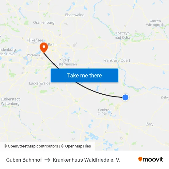 Guben Bahnhof to Krankenhaus Waldfriede e. V. map