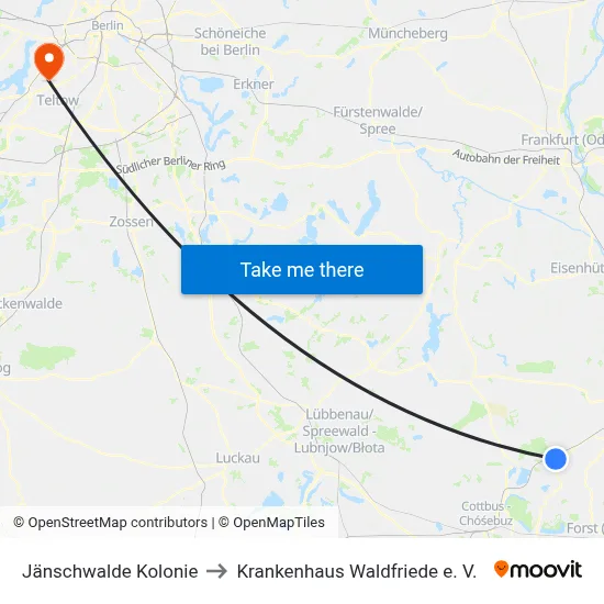 Jänschwalde Kolonie to Krankenhaus Waldfriede e. V. map