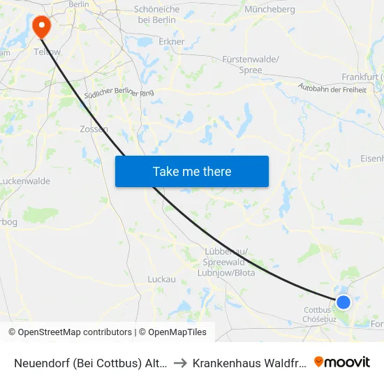 Neuendorf (Bei Cottbus) Alter Bahnhof to Krankenhaus Waldfriede e. V. map