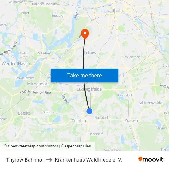 Thyrow Bahnhof to Krankenhaus Waldfriede e. V. map