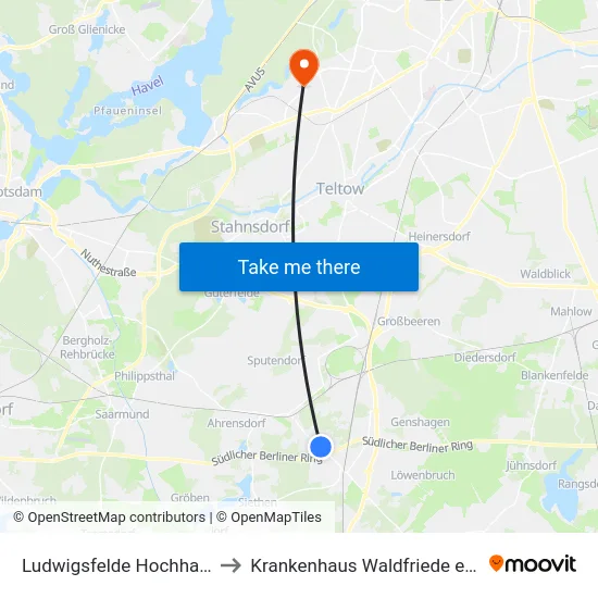 Ludwigsfelde Hochhaus to Krankenhaus Waldfriede e. V. map