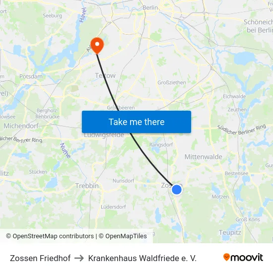 Zossen Friedhof to Krankenhaus Waldfriede e. V. map