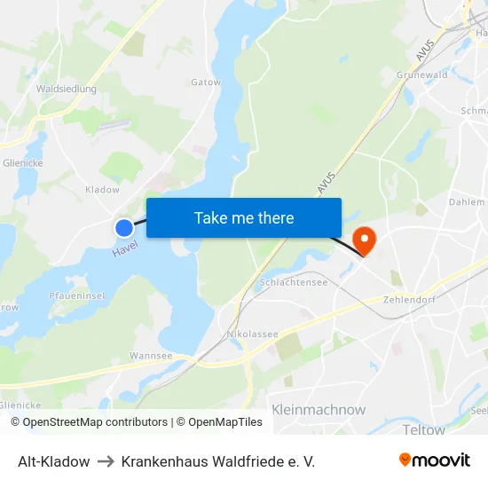 Alt-Kladow to Krankenhaus Waldfriede e. V. map