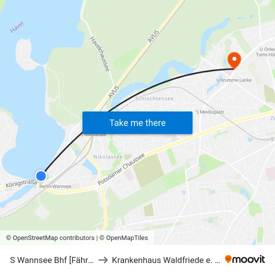 S Wannsee Bhf [Fähre] to Krankenhaus Waldfriede e. V. map