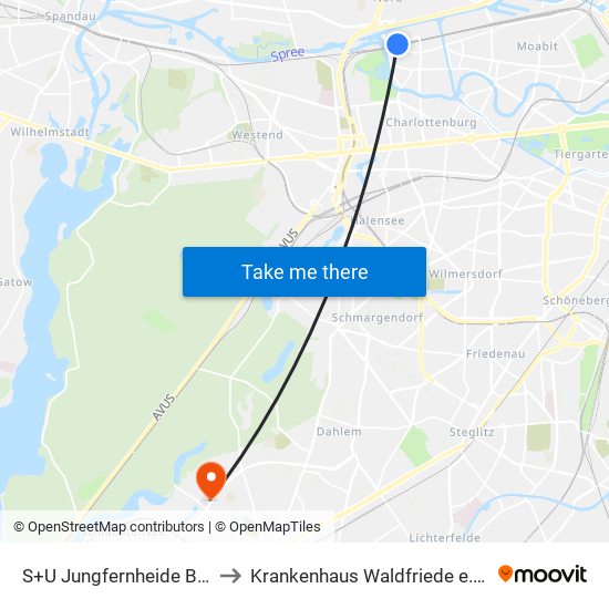 S+U Jungfernheide Bhf to Krankenhaus Waldfriede e. V. map