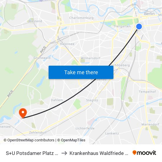 S+U Potsdamer Platz Bhf to Krankenhaus Waldfriede e. V. map