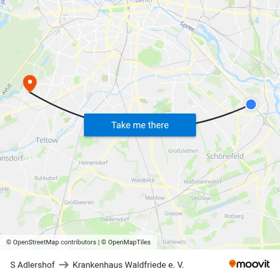 S Adlershof to Krankenhaus Waldfriede e. V. map