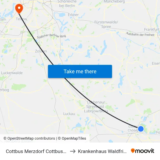 Cottbus Merzdorf Cottbuser Ostsee to Krankenhaus Waldfriede e. V. map