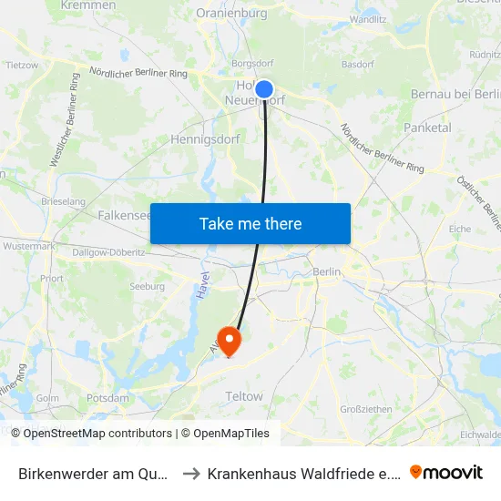 Birkenwerder am Quast to Krankenhaus Waldfriede e. V. map