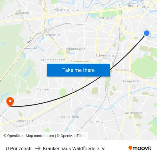 U Prinzenstr. to Krankenhaus Waldfriede e. V. map