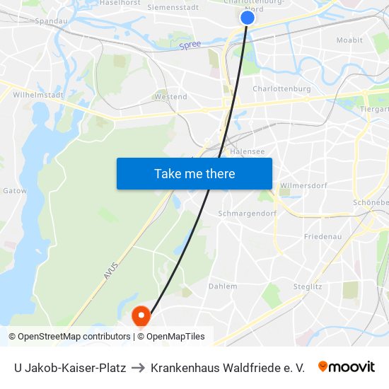 U Jakob-Kaiser-Platz to Krankenhaus Waldfriede e. V. map