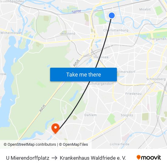 U Mierendorffplatz to Krankenhaus Waldfriede e. V. map