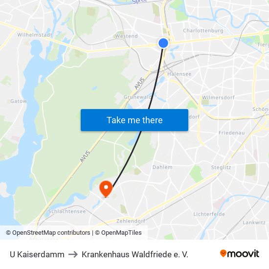 U Kaiserdamm to Krankenhaus Waldfriede e. V. map