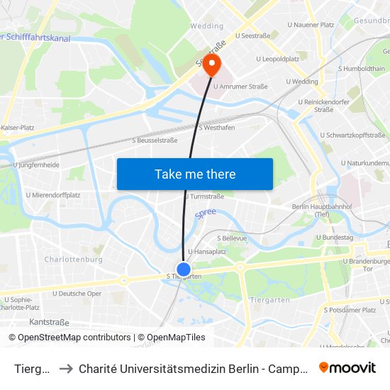 Tiergarten to Charité Universitätsmedizin Berlin - Campus Virchow Klinikum map