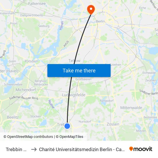 Trebbin Bahnhof to Charité Universitätsmedizin Berlin - Campus Virchow Klinikum map