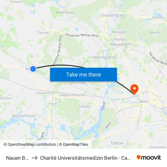 Nauen Bahnhof to Charité Universitätsmedizin Berlin - Campus Virchow Klinikum map