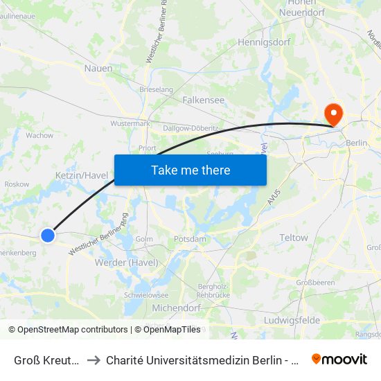 Groß Kreutz Bahnhof to Charité Universitätsmedizin Berlin - Campus Virchow Klinikum map