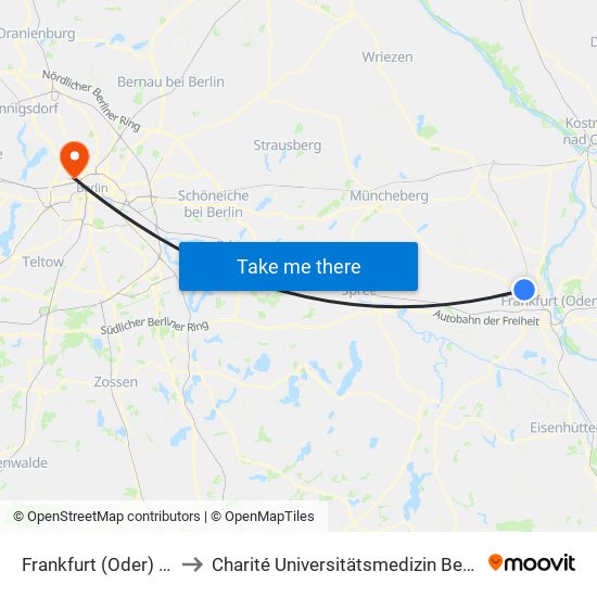 Frankfurt (Oder) Booßen Kleine Str. to Charité Universitätsmedizin Berlin - Campus Virchow Klinikum map