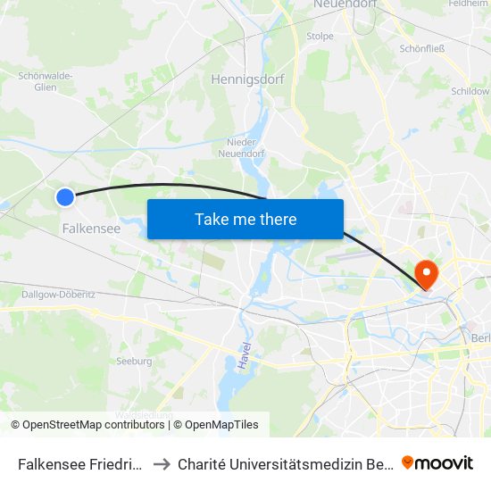 Falkensee Friedrich-Ludwig-Jahn-Str. to Charité Universitätsmedizin Berlin - Campus Virchow Klinikum map