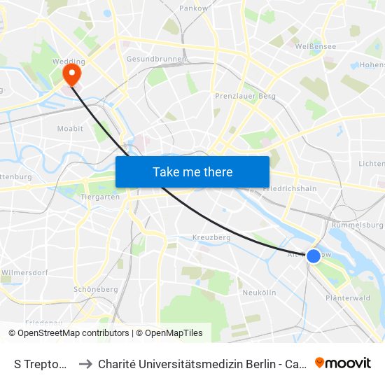 S Treptower Park to Charité Universitätsmedizin Berlin - Campus Virchow Klinikum map