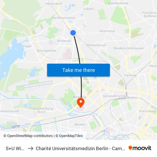 S+U Wittenau to Charité Universitätsmedizin Berlin - Campus Virchow Klinikum map