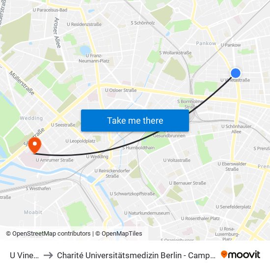 U Vinetastr. to Charité Universitätsmedizin Berlin - Campus Virchow Klinikum map