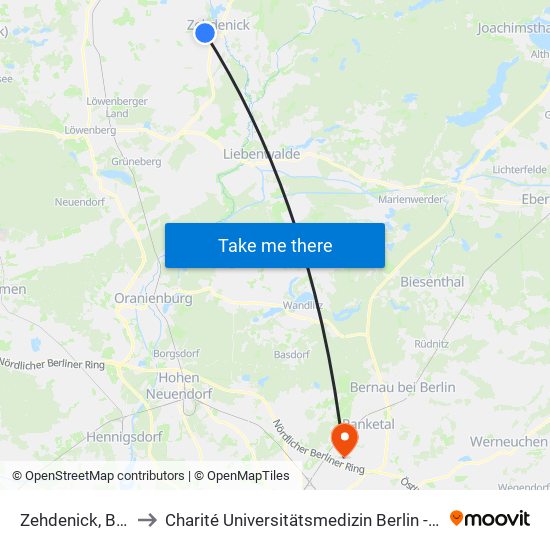 Zehdenick, Bahnhof to Charité Universitätsmedizin Berlin -  Campus Buch map