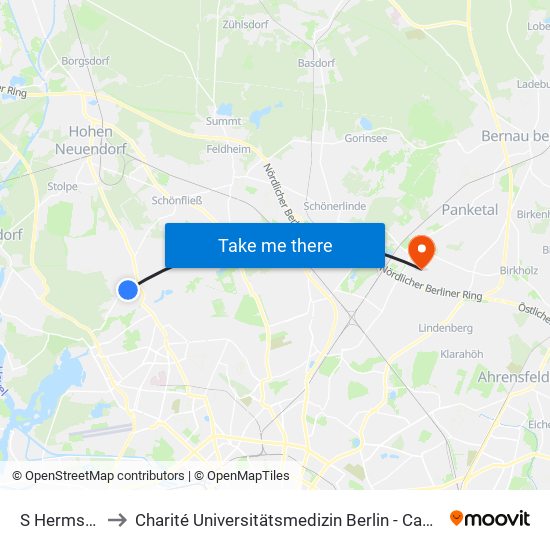 S Hermsdorf to Charité Universitätsmedizin Berlin -  Campus Buch map