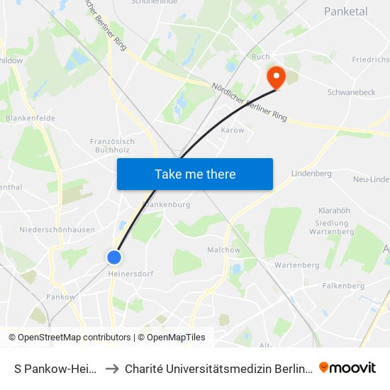 S Pankow-Heinersdorf to Charité Universitätsmedizin Berlin -  Campus Buch map