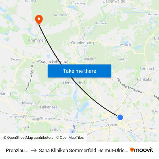 Prenzlauer Allee to Sana Kliniken Sommerfeld Helmut-Ulrici-Kliniken Kremmen OT map