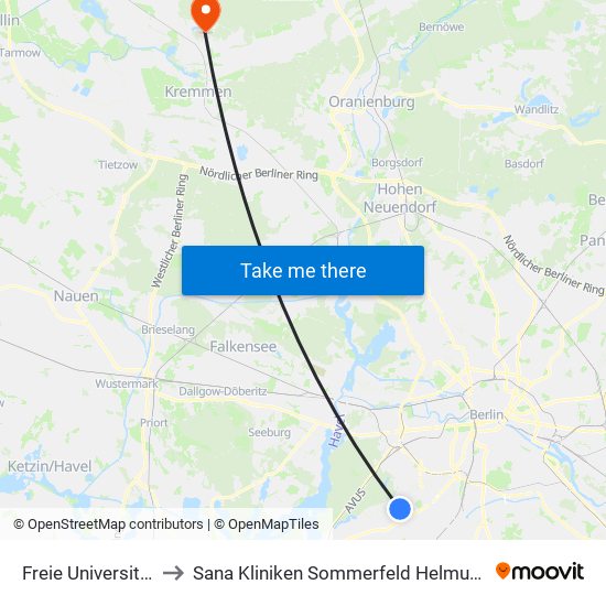 Freie Universität (Thielplatz) to Sana Kliniken Sommerfeld Helmut-Ulrici-Kliniken Kremmen OT map