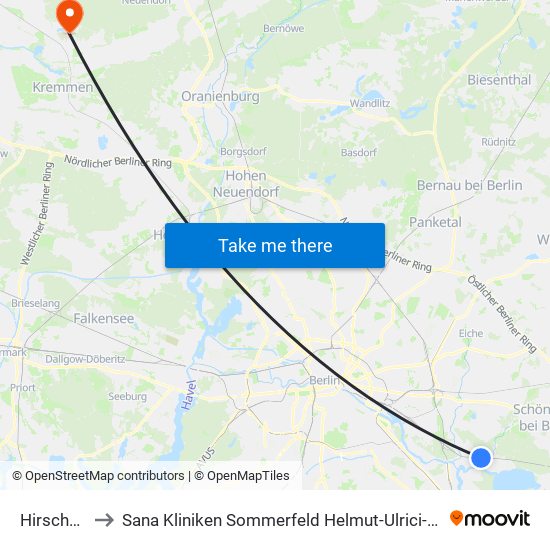 Hirschgarten to Sana Kliniken Sommerfeld Helmut-Ulrici-Kliniken Kremmen OT map