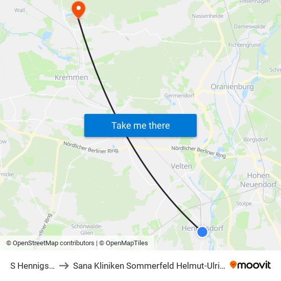 S Hennigsdorf Bhf to Sana Kliniken Sommerfeld Helmut-Ulrici-Kliniken Kremmen OT map